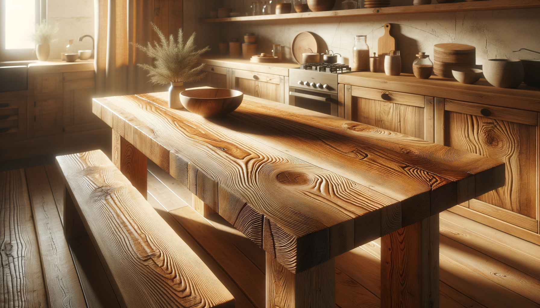 handcrafted wooden boards on a sunlit kitchen table with warm natural tones