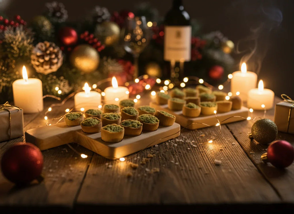 Plateaux en bois massif avec amuse-bouches de fête, bougies et décorations de Noël