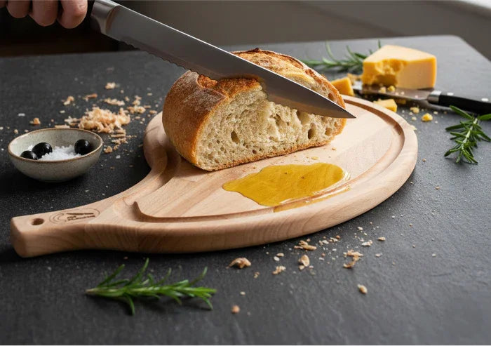 Planche à découper artisanale en bois massif avec pain, huile d’olive et fromage