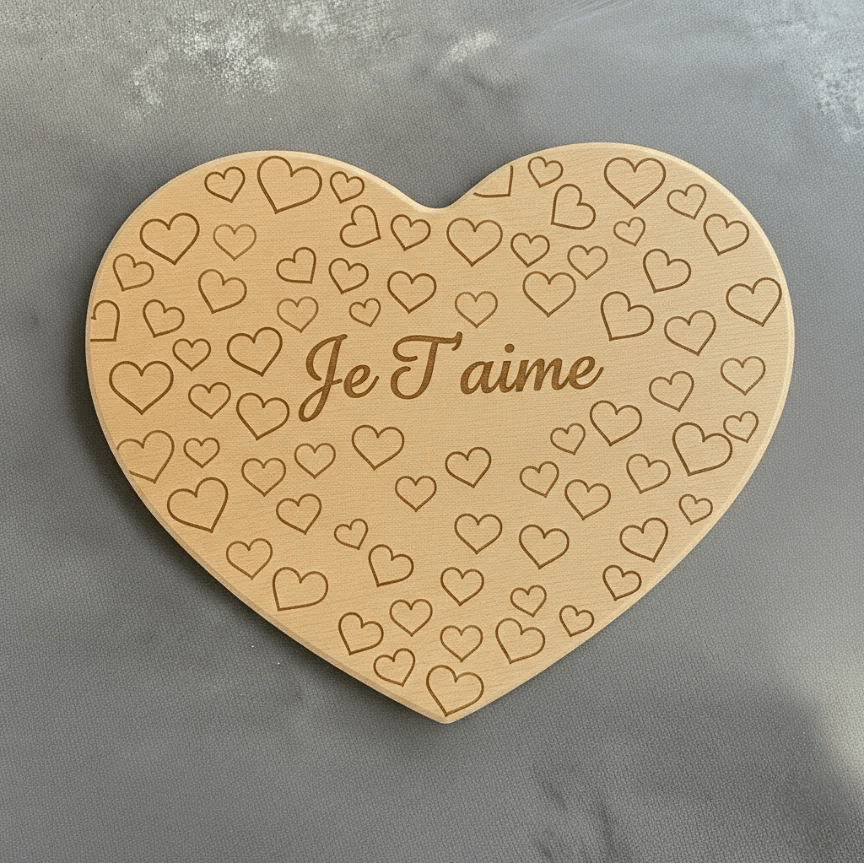 Planche à découper en bois en forme de cœur gravée "Je T'aime", motif cœurs, artisanale