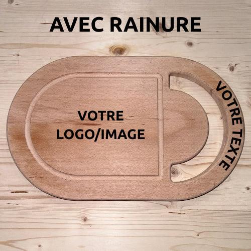 Planche à découper ovale en bois massif avec rainure, zone personnalisable texte et logo.
