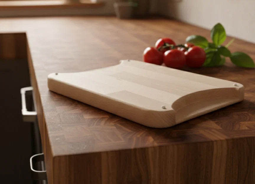 Planche à découper en bois massif posée sur un plan de travail, tomates fraîches à côté